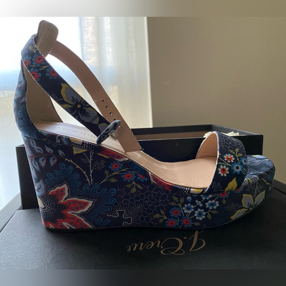 j.Crew fabric wrapped wedge sandal with navy floral pattern.
